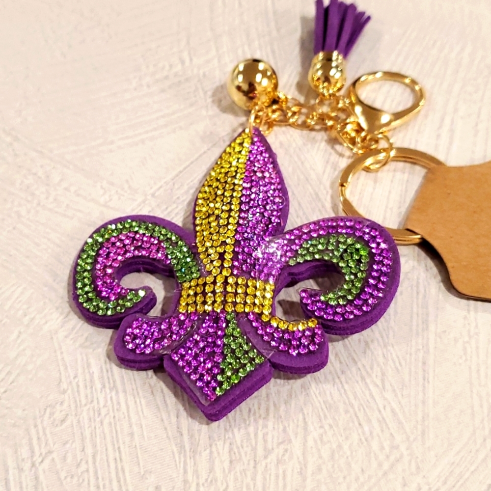 MARDI GRAS fleur-de-lis rhinestones ball tassel puffy keychain topical Easter